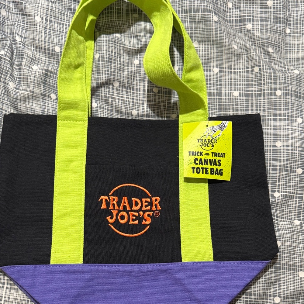 Trader Joe's Halloween mini Canvas Tote Bag - Black, Lime & Purple